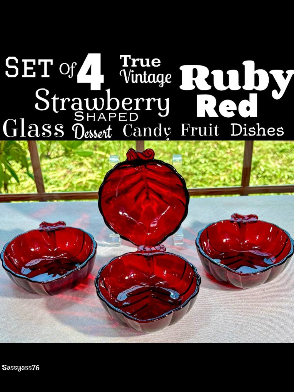 🆕VTG▪️Mid-Century Set 4 Ruby Red Strawberry Shaped Glass Dessert Candy Dishes